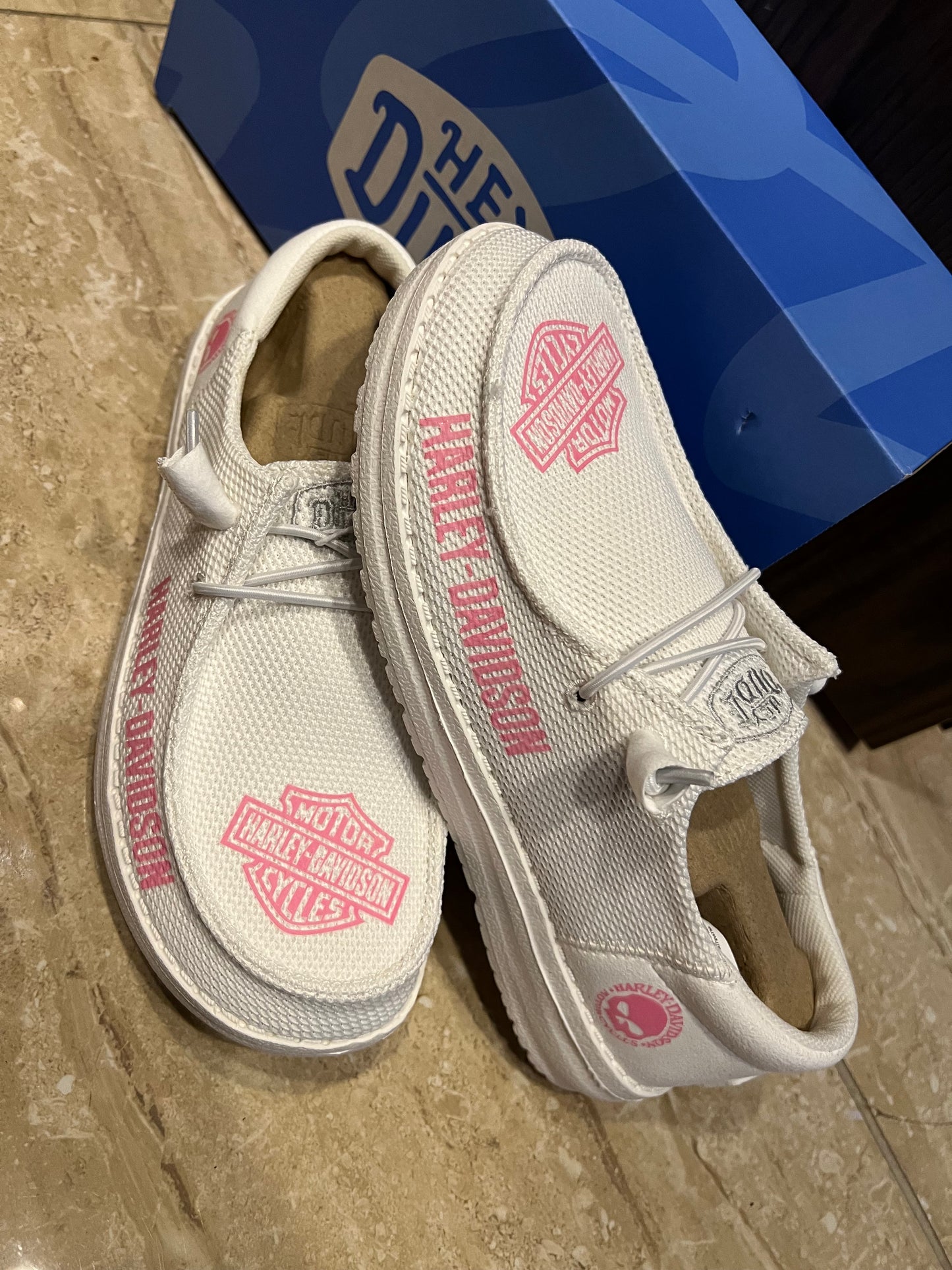 Custom White & Pink Logo Biker Casual Dude Shoes – Motorcycle Lifestyle Slip-On Comfort Shoes