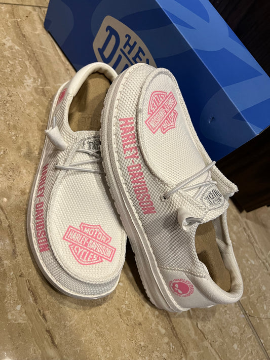 Custom White & Pink Logo Biker Casual Dude Shoes – Motorcycle Lifestyle Slip-On Comfort Shoes